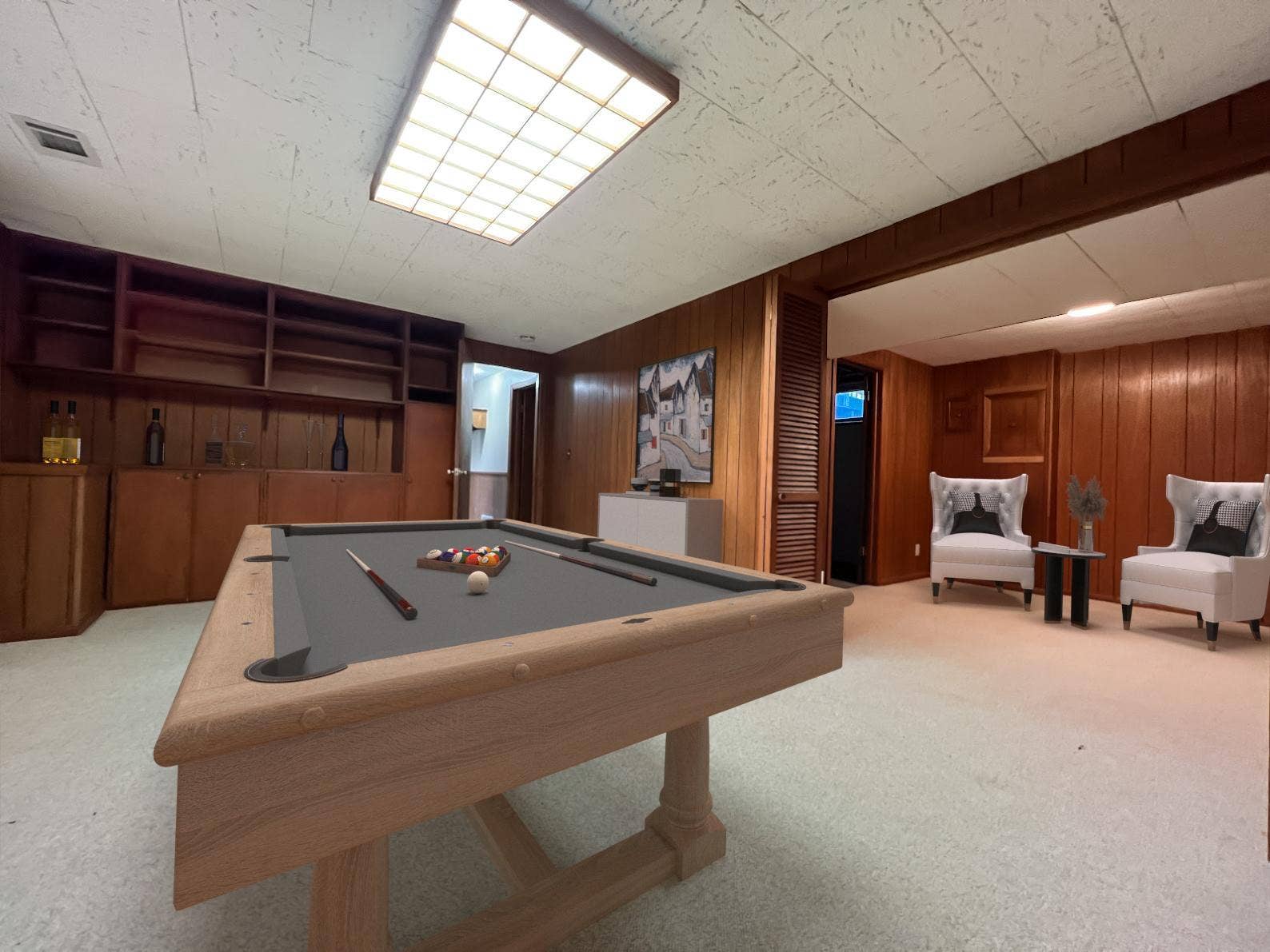 6325 Halifax Avenue S, Edina, MN 55424 Basement Recreation Room Virtually Staged Basement furniture, pool table accessories, artwork, and dcor have been digitally added for illustrative purposes only.