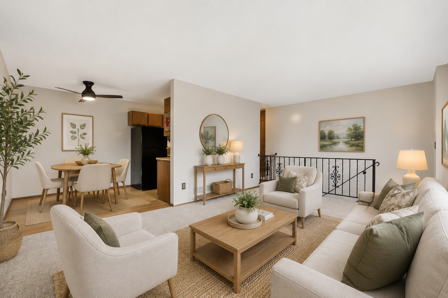 Virtually staged living room & dining