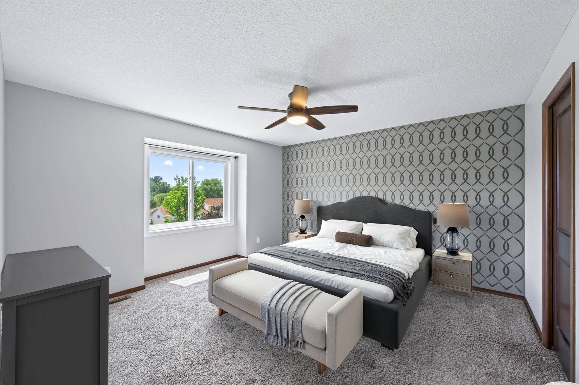 Upper level primary bedroom - virtually staged