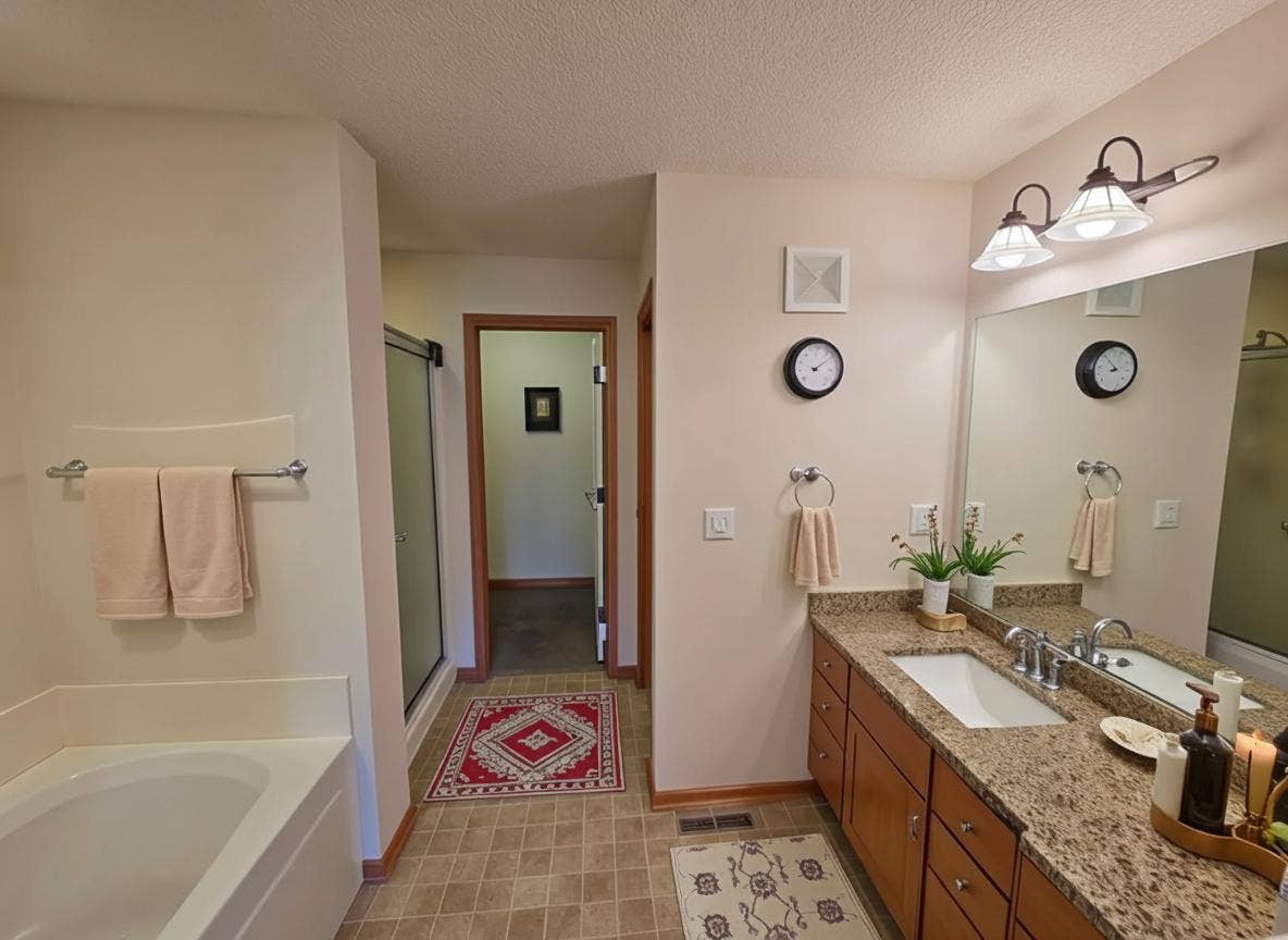 1611 Woodlynn Avenue, #3, Maplewood, MN 55109 The elegant primary bath with features an extra large vanity, soaking tub, separate shower, and walk-in closet!