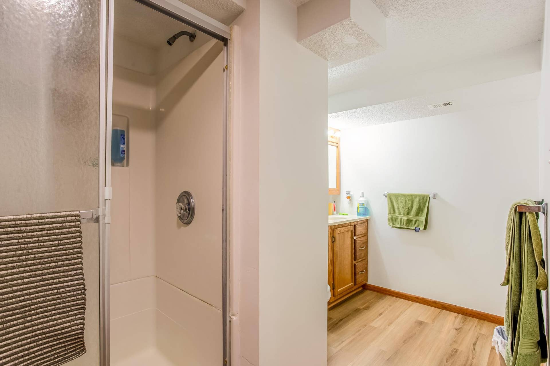 Additional view of the lower-level bathroom showcases the vanity area and easy-care flooring.