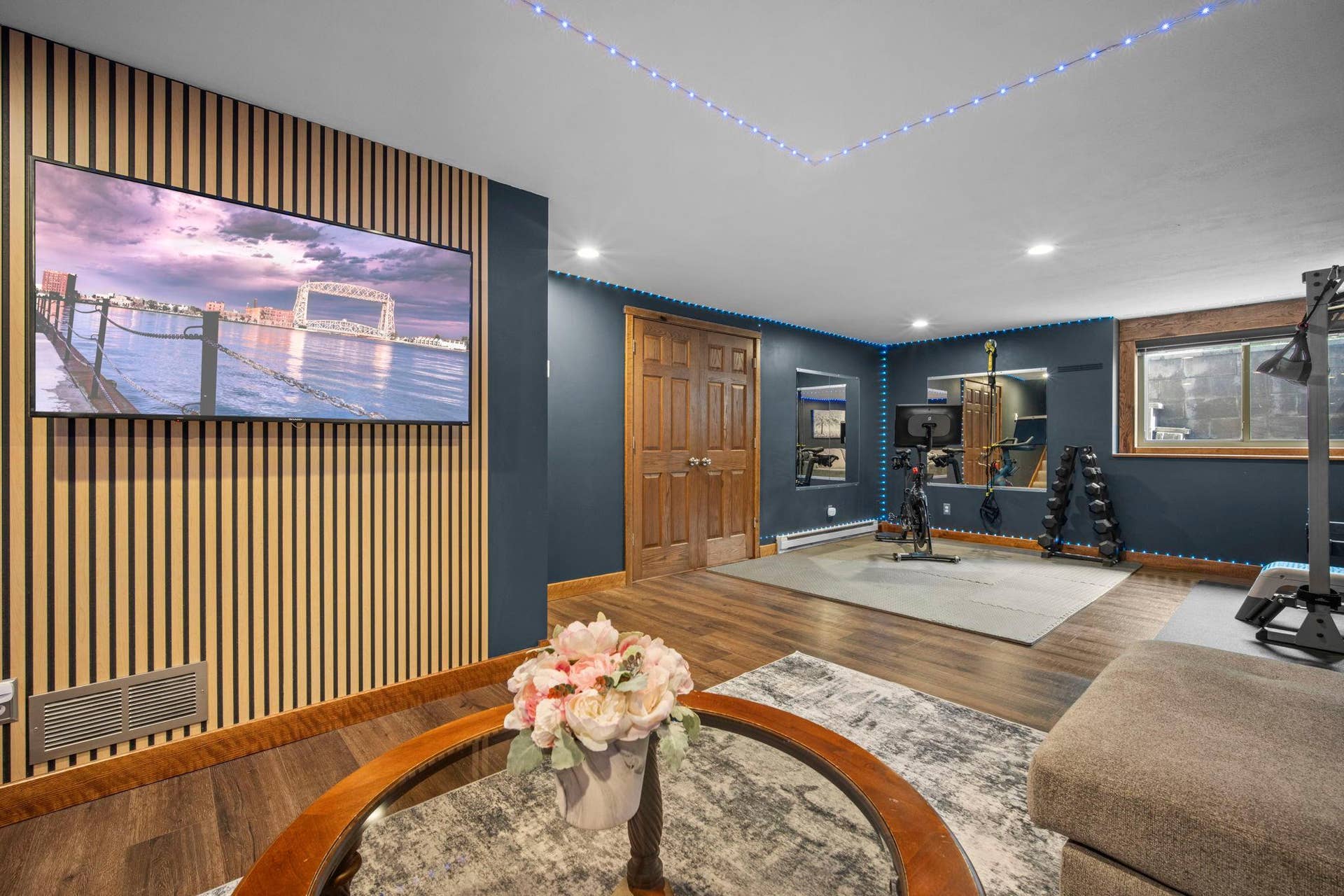 Spacious lower level with family room and flex area currently setup perfect for a exercise nook.