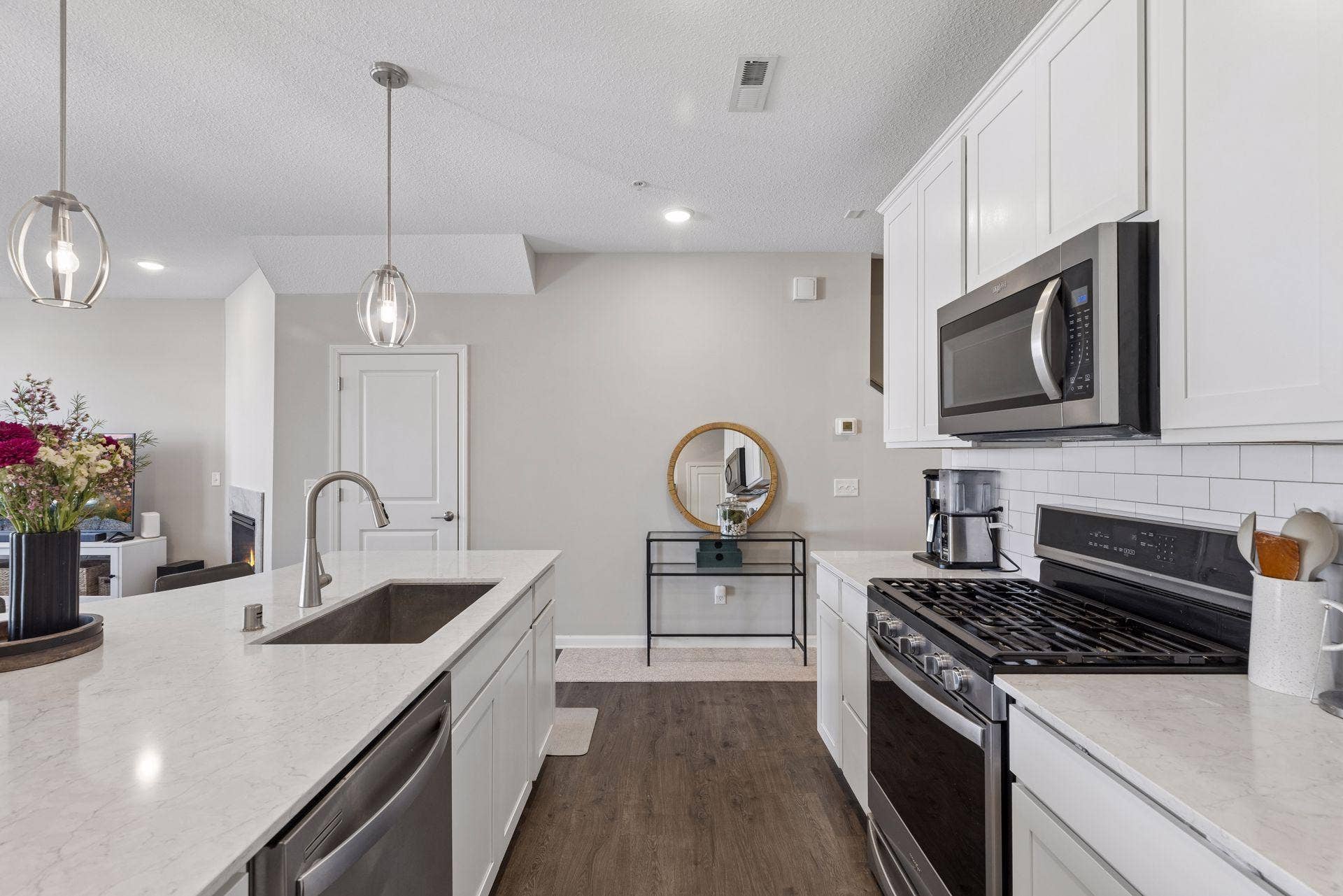 Kitchen workspace with ample counter space and functional design for meal preparation.