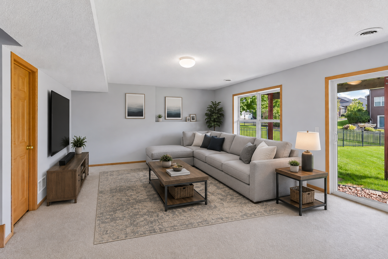 Virtually staged lower level family room.