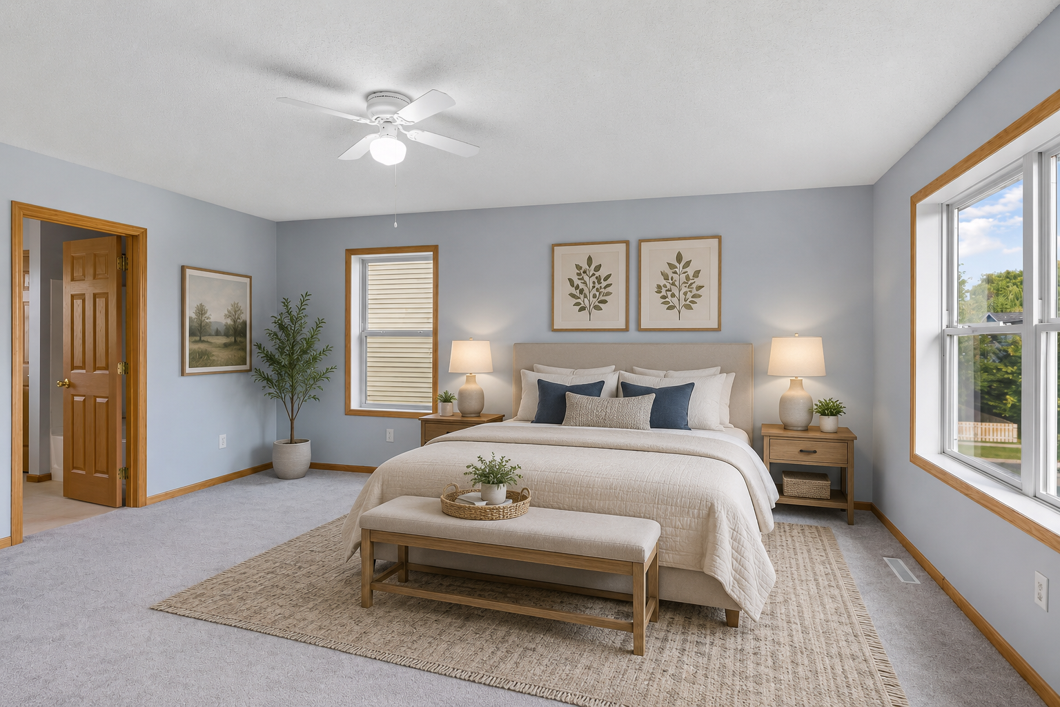 Virtually staged primary bedroom