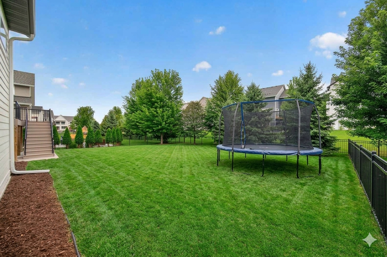 9960 Arrowwood Trail, Woodbury, MN 55129 Large, fully fenced backyard with mature trees offering tons of privacy and space for a game! Virtually staged with trampoline.