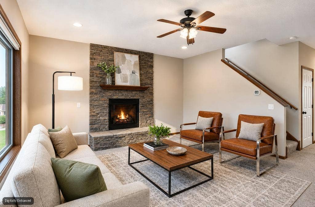10548 Noble Circle N, Brooklyn Park, MN 55443 Main Floor: Light-filled living room featuring soaring ceilings, expansive windows, and an inviting open-concept layout