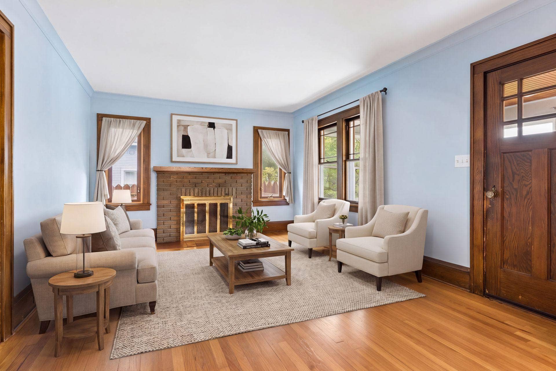 Living room virtually staged using AI - please refer to floorplan for room dimensions and sizing.