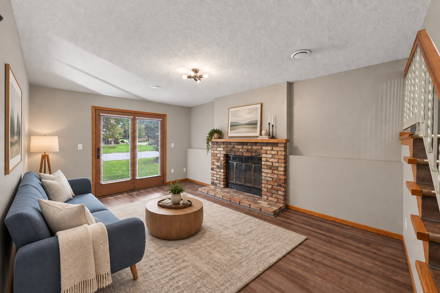 6865 Romeo Road, Woodbury, MN 55125 Image has been virtually staged. The walk-out lower level is centered around a wood-burning fireplace with classic brick surround.