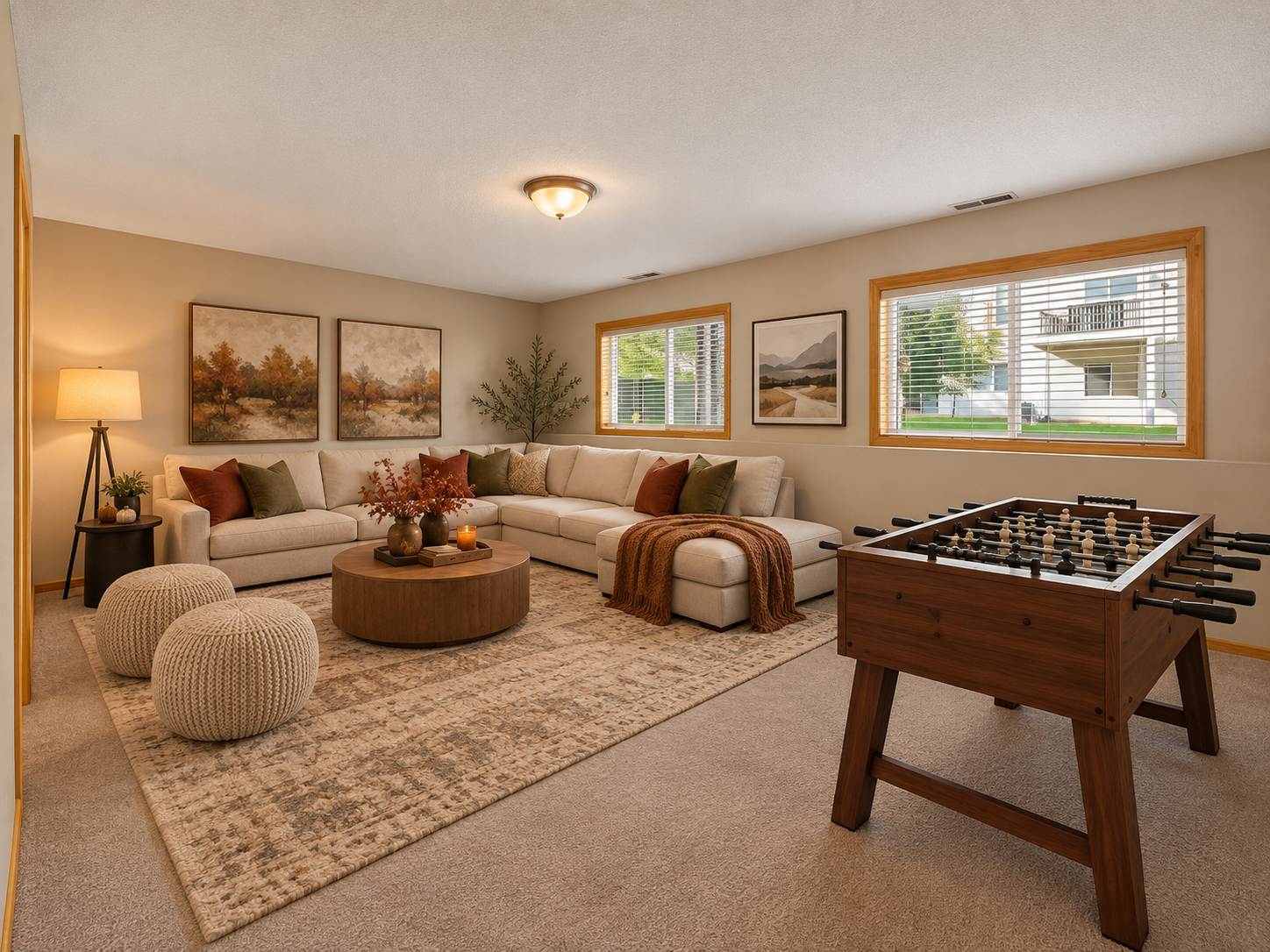 11631 Prospect Curve, Woodbury, MN 55129 Virtually staged fallish photo for a large family room with fun to be had with a foosball table!