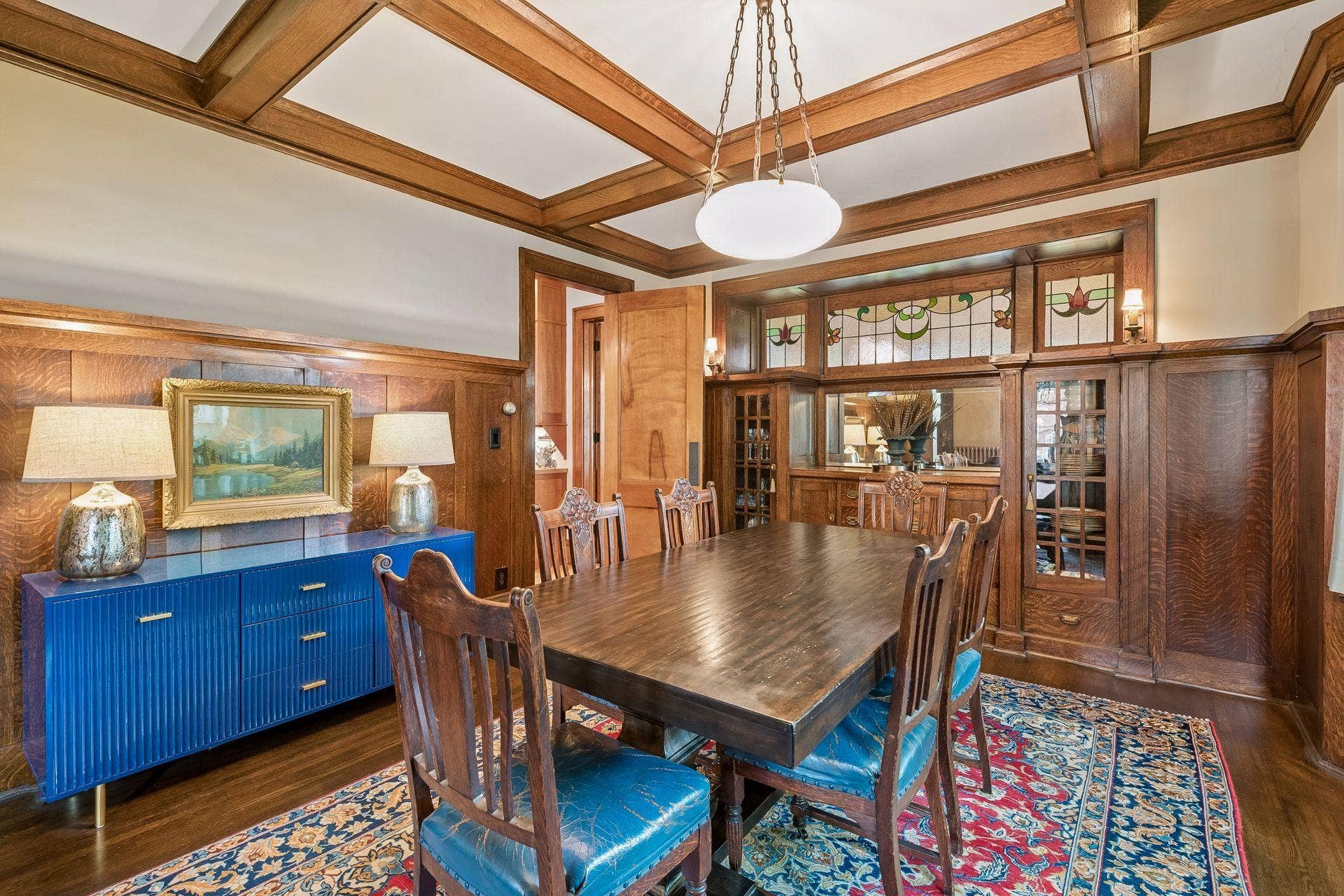 3223 Blaisdell Avenue, 48, Minneapolis, MN 55408 Stained glass originally from England adds a distinctive touch to the dining room.