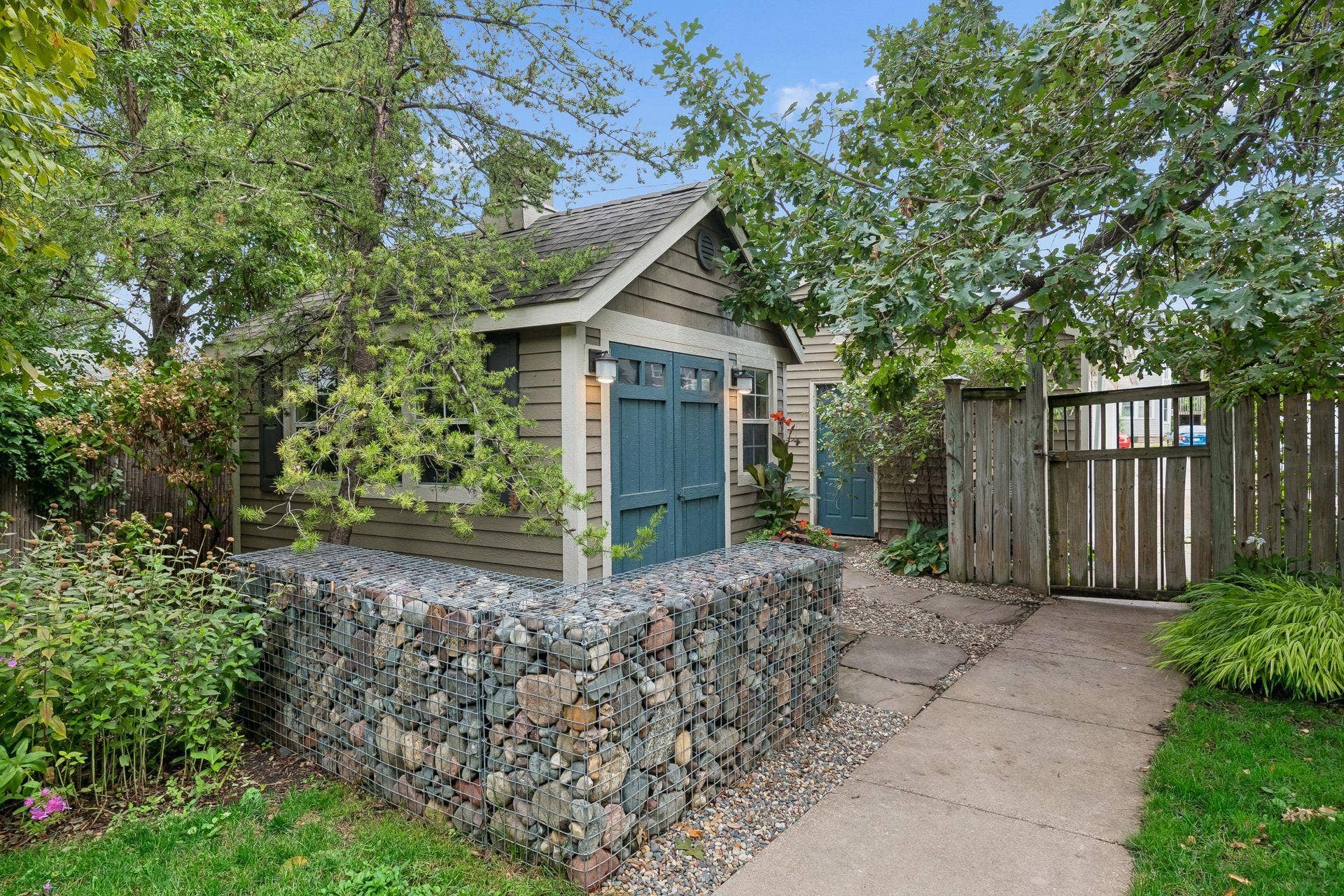 3223 Blaisdell Avenue, 48, Minneapolis, MN 55408 A gabion design element at the corner of the custom built garden shed.