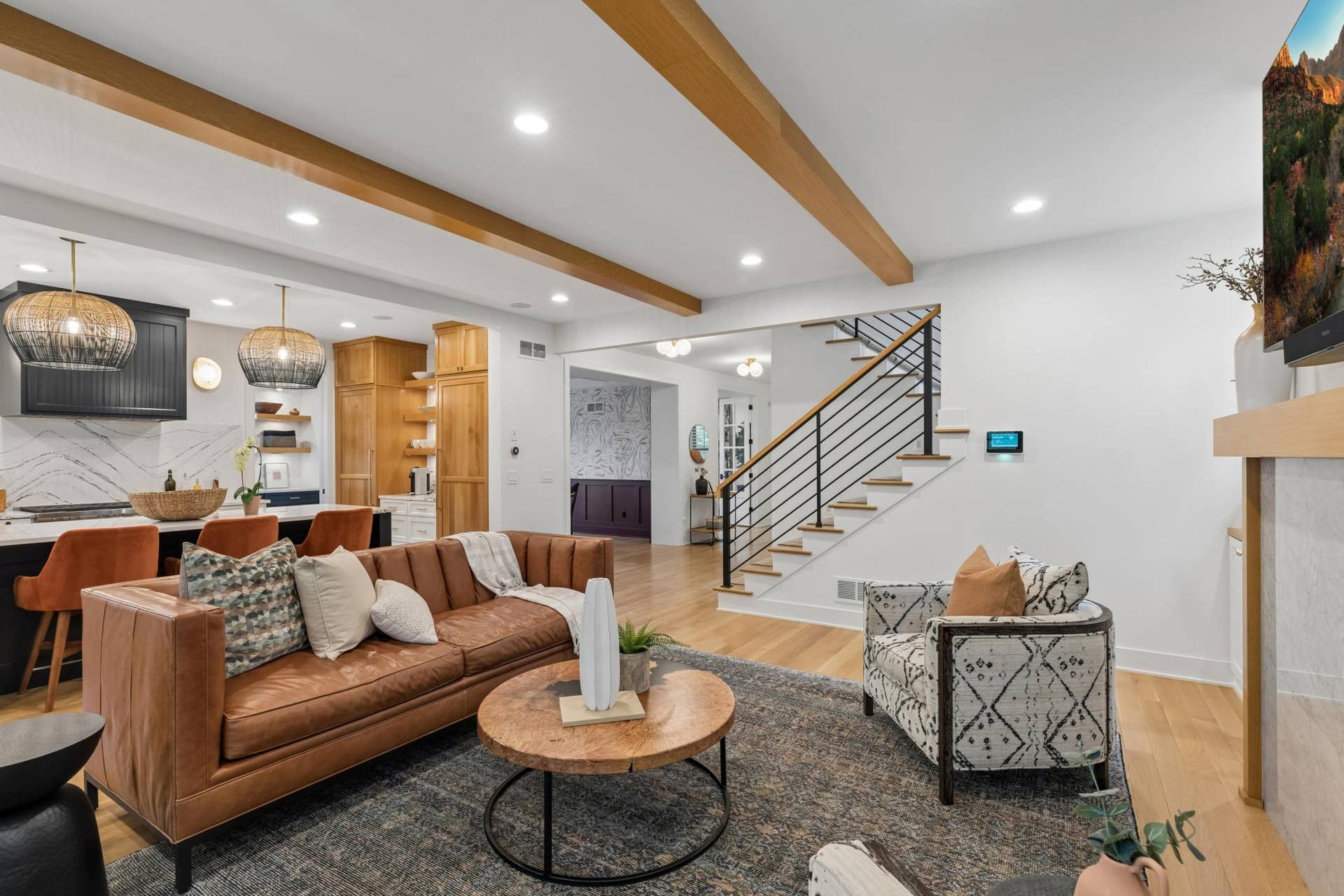 363 Woodlawn Avenue, 95, Saint Paul, MN 55105 Wood ceiling beams complement the living room.