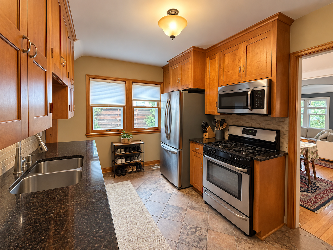 5921 Chicago Avenue S, 17, Minneapolis, MN 55417 Both kitchens offer fabulous wood cabinetry, stainless steel appliances and a gas range, making everyday cooking inviting. The dining area just through the doorway of 5923 kitchen is seen here.