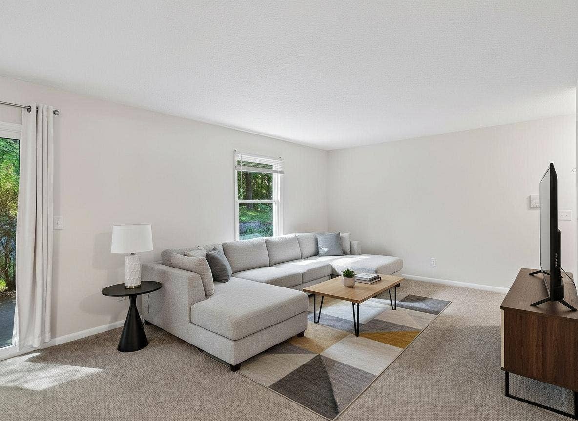 6347 Alderwood Circle, #B, Woodbury, MN 55125 Ai Staged living room ...this is the ideal setup for the room