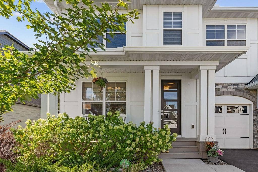 Eastern-facing front door, with lovely hydrangeas.