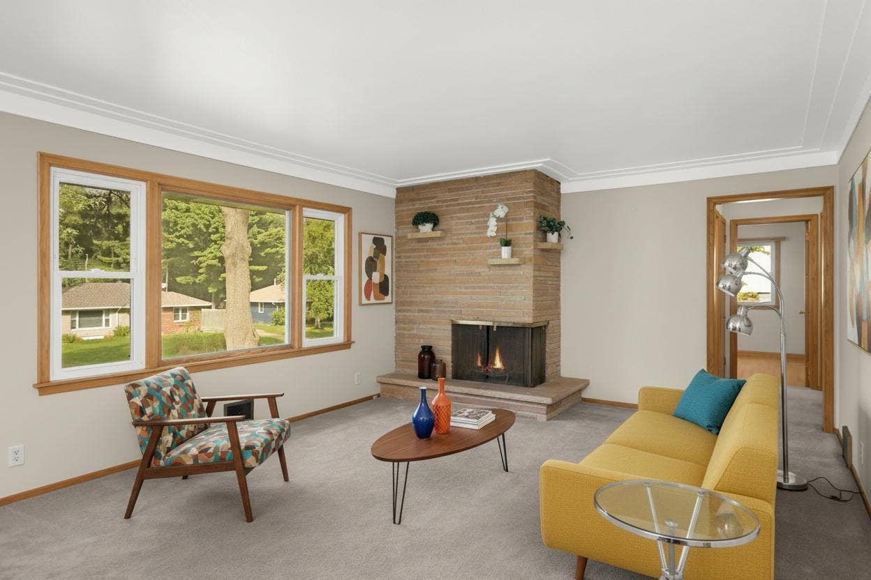 3829 Oak Street N, Brooklyn Center, MN 55429 The mid-century-vibed fireplaces are truly beautiful. (virtal staging)
