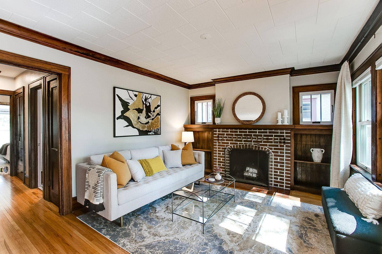 Living room with fireplace dash virtually staged