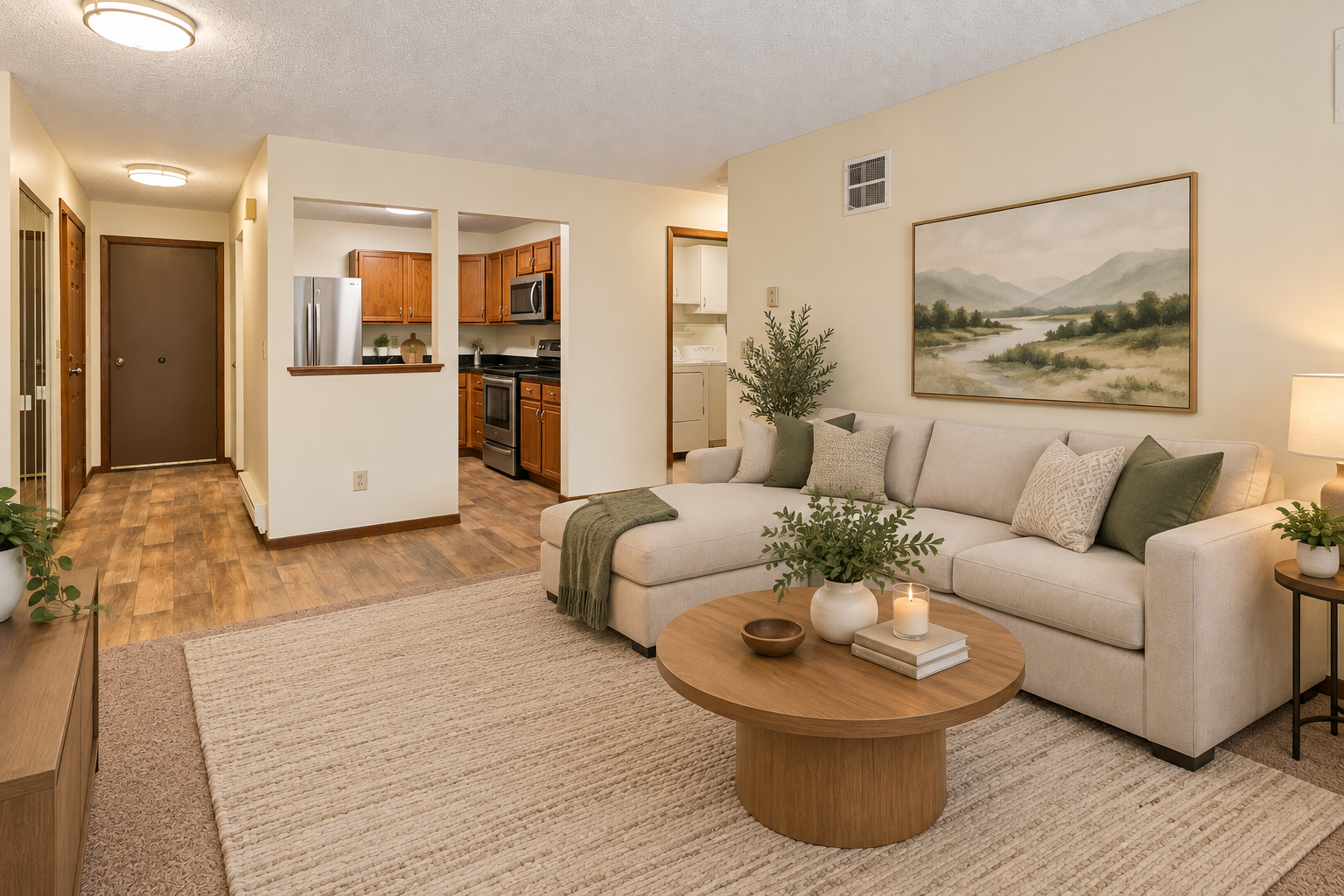 Virtually staged living room and ktichen.