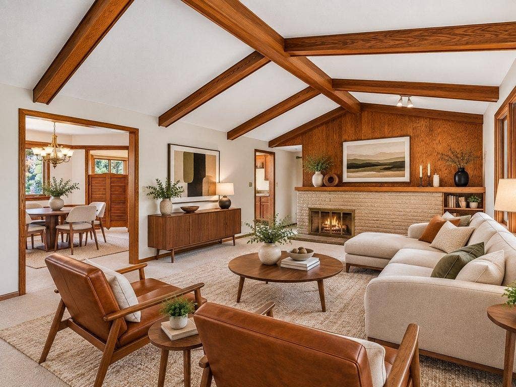 2931 Cedar Knoll Court, Minnetonka, MN 55305 Virtually Staged - large Living Room with vaulted ceiling and wood beams is stunning!