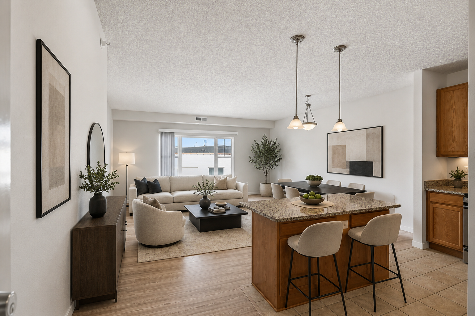 619 8th Street SE, #308, 50, Minneapolis, MN 55414 Spacious living room with oversized windows and flexible furniture arrangements.Virtual staging Options Living Room and Kitchen.png