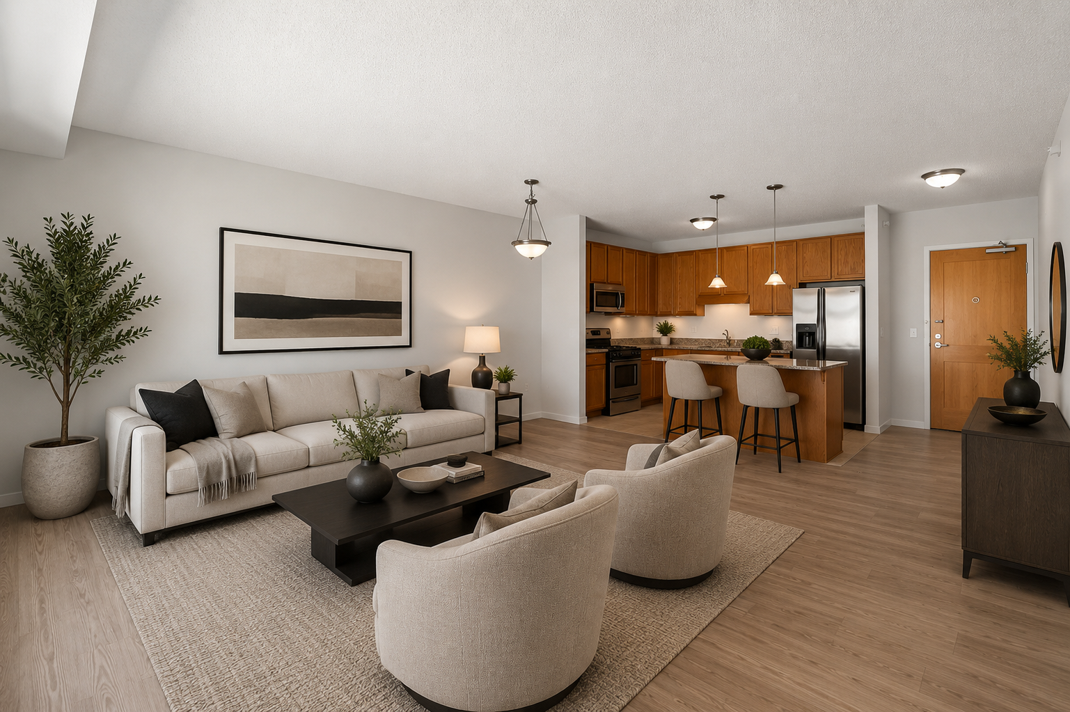 619 8th Street SE, #308, 50, Minneapolis, MN 55414 Seamless flow between the kitchen, dining, and living spaces.Virtual stage Options Living Room and Kitchen.png