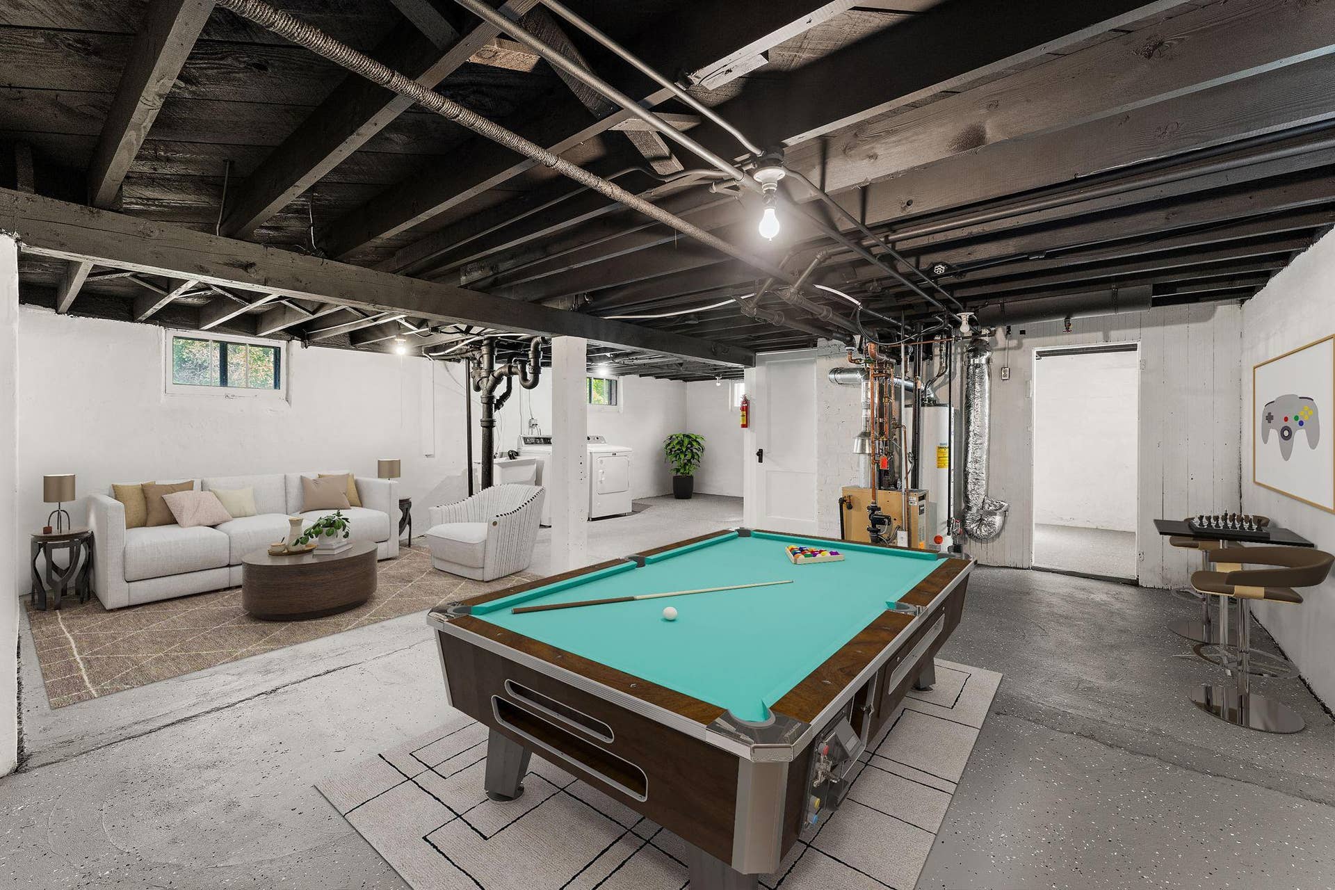 Clean and spacious basement, perfect for a second family room, game room, and room to add 4th bedroom!