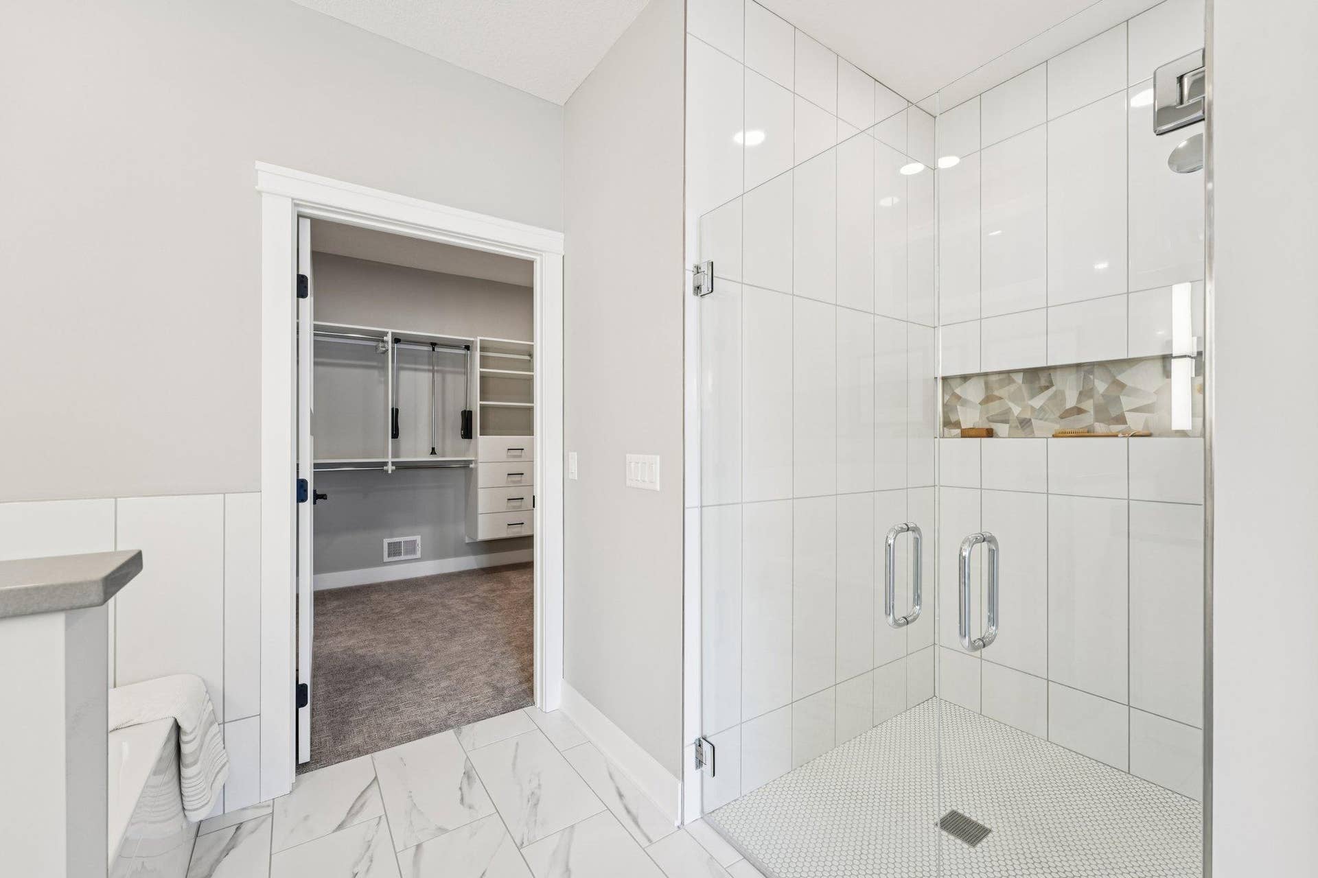 Oversized walk-in shower with frameless glass, designer tile, and built-in nicheoffering a clean, spa-inspired design.