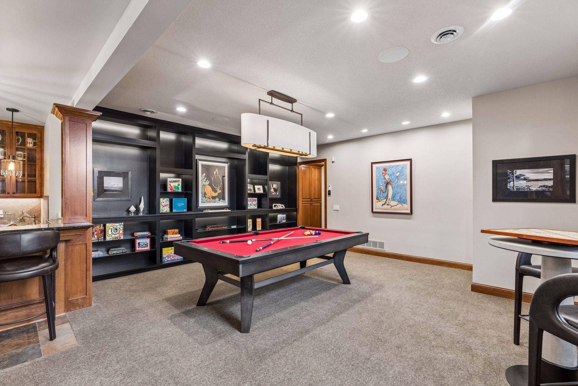 Open lower level billiards rec room and gaming area