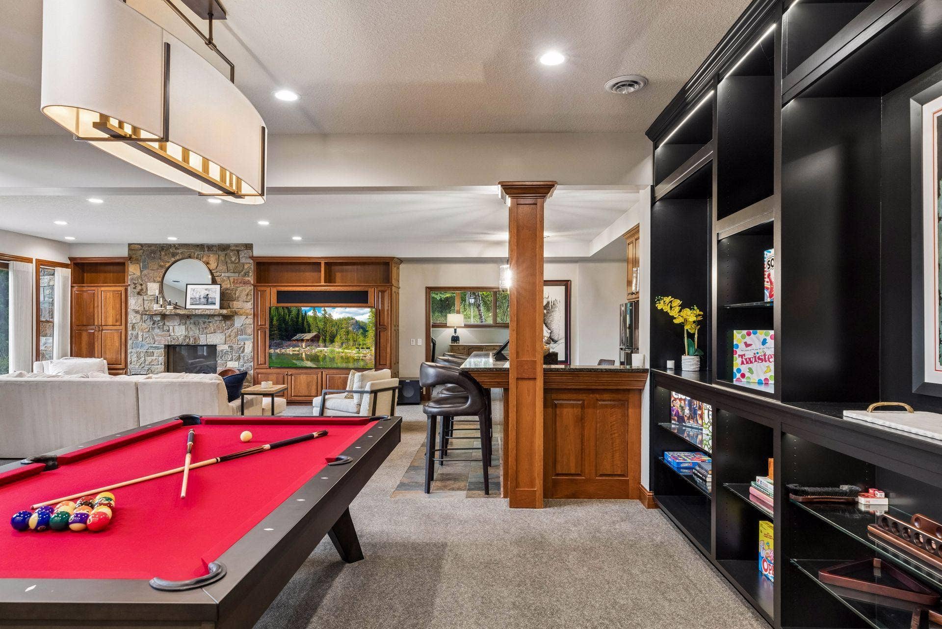 Open lower level billiards rec room and gaming area