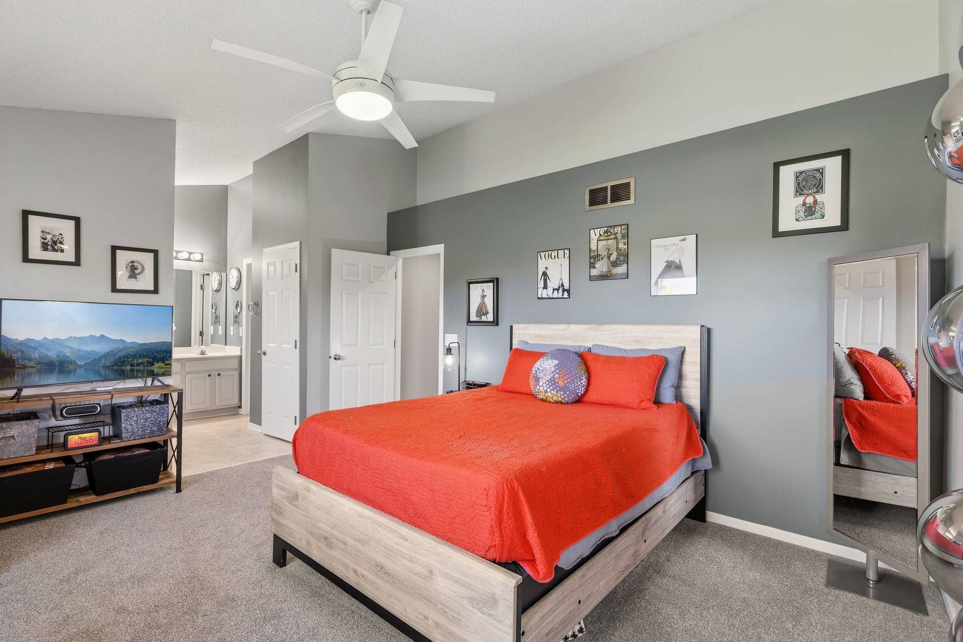 8967 Comstock Lane N, Maple Grove, MN 55311 Primary bedroom has vaulted ceiling, ceiling fan and newer carpet.