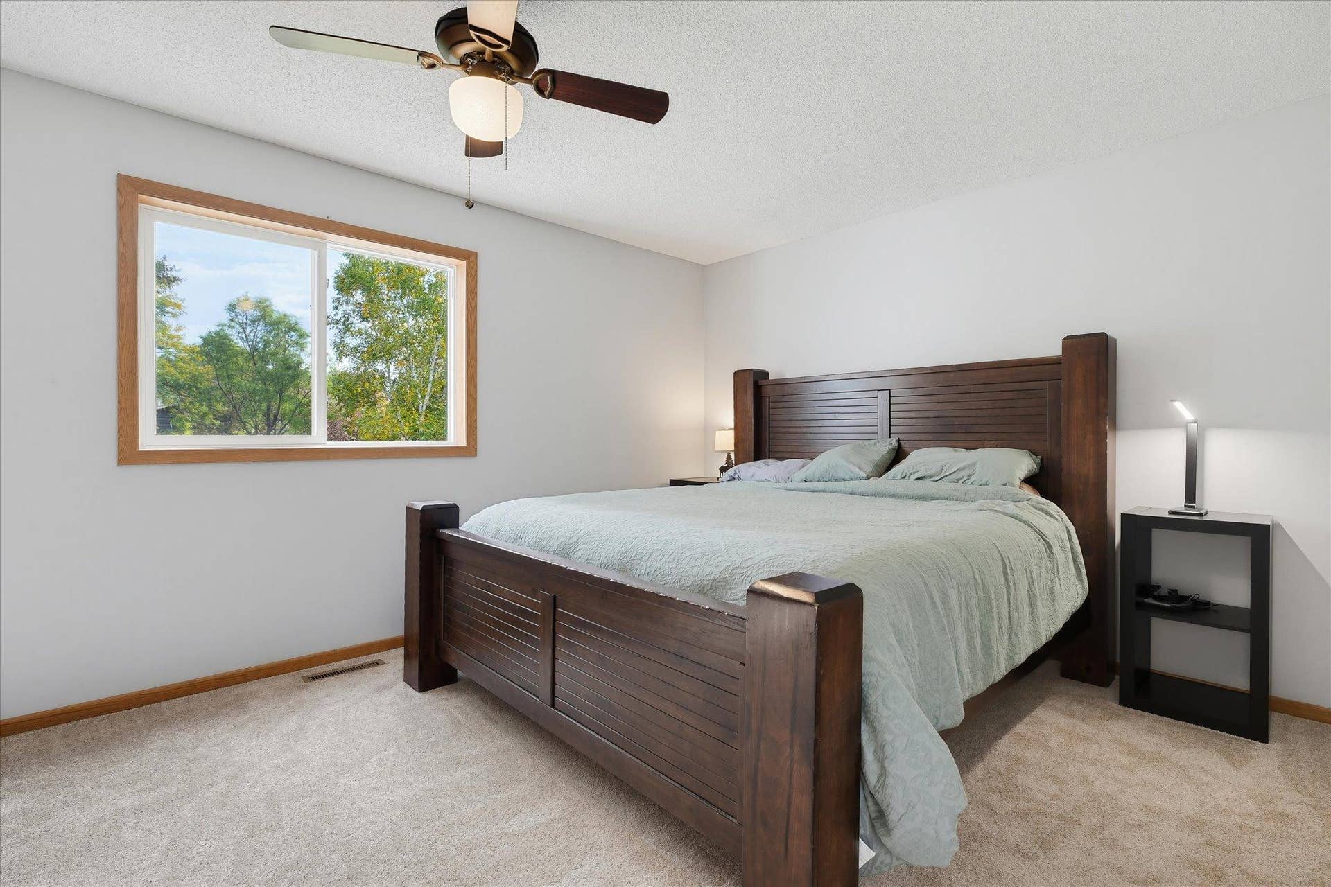 20720 187th Avenue NW, Big Lake, MN 55309 Spacious primary bedroom features a vaulted ceiling, new carpet, ceiling fan, and updated window.