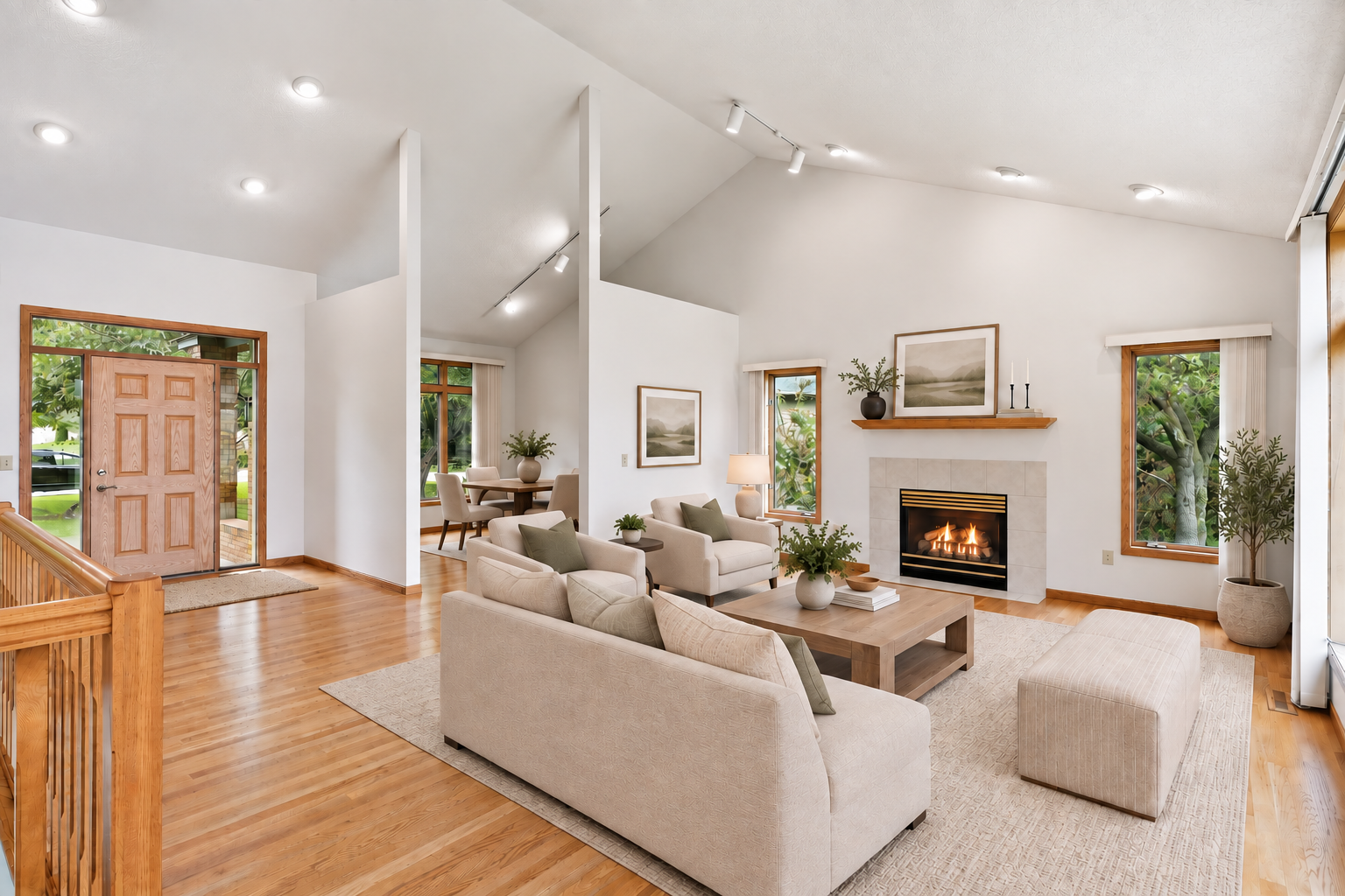 Welcome to 3200 Bent Tree Hills! This warm and inviting living space features beautiful hardwood floors, abundant natural light, and a cozy fireplace! (Image virtually staged)