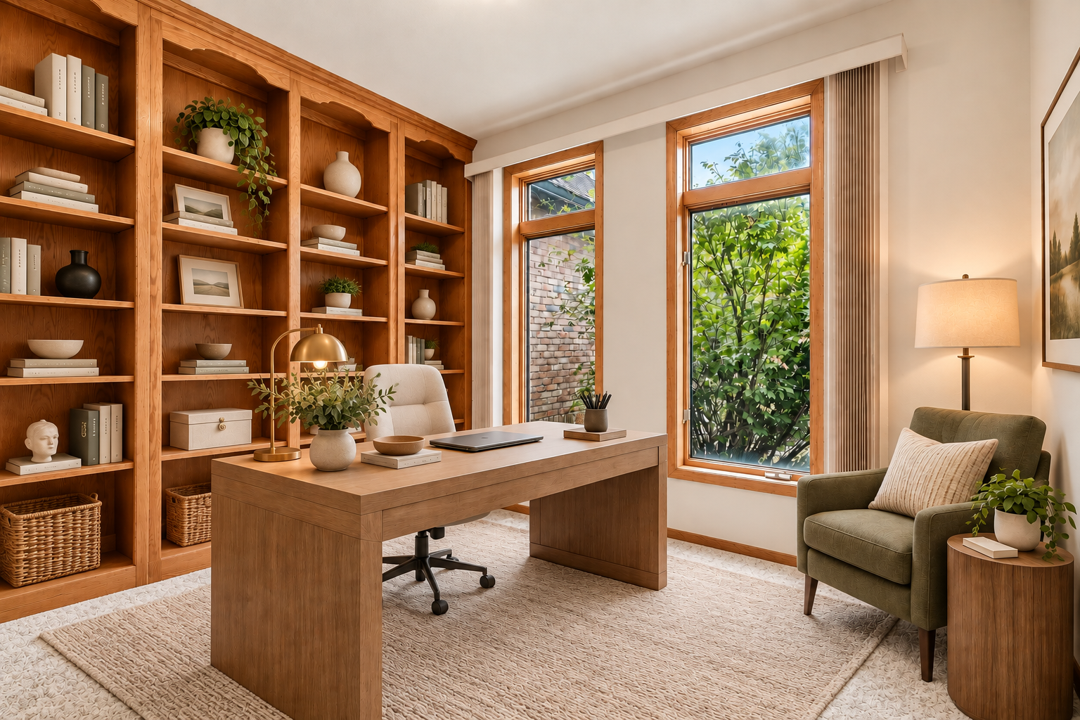 Built-in shelving adds character and functionality to this versatile main-level den! (Image virtually staged)