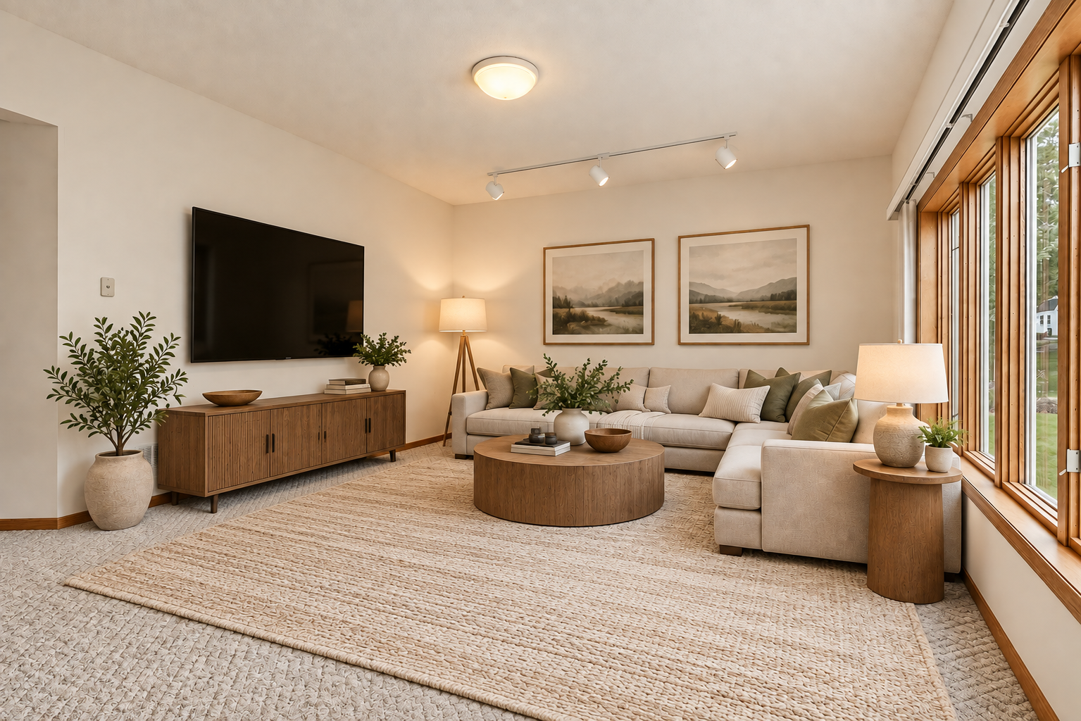 Expansive lower-level family room provides even more room to relax, entertain, or spread out! (Image virtually staged)