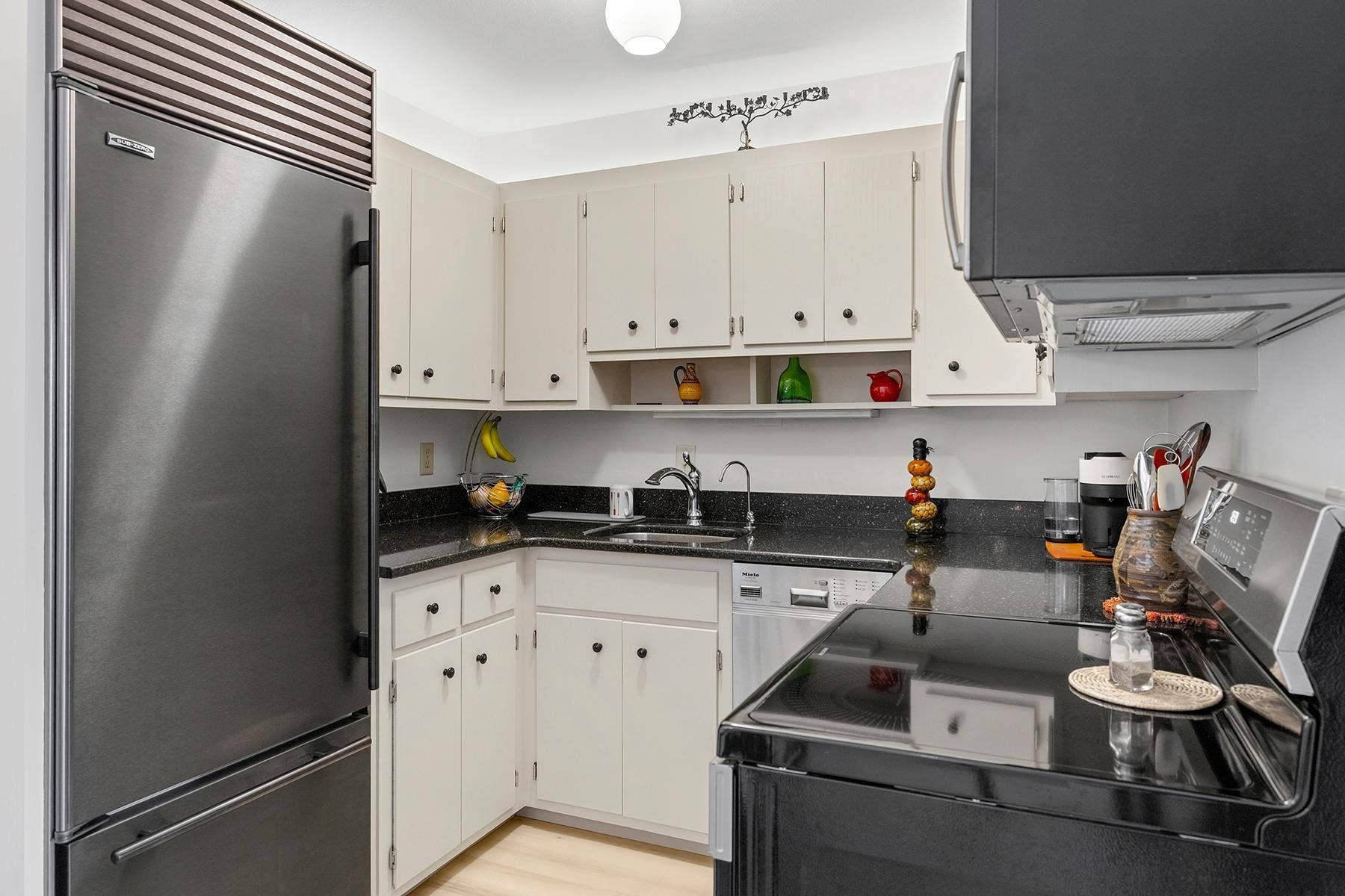 200 Mississippi River Boulevard N, #1C, 96, Saint Paul, MN 55104 Neat and tidy kitchen with Sub-zero fridge, induction stove, and smart use of space.