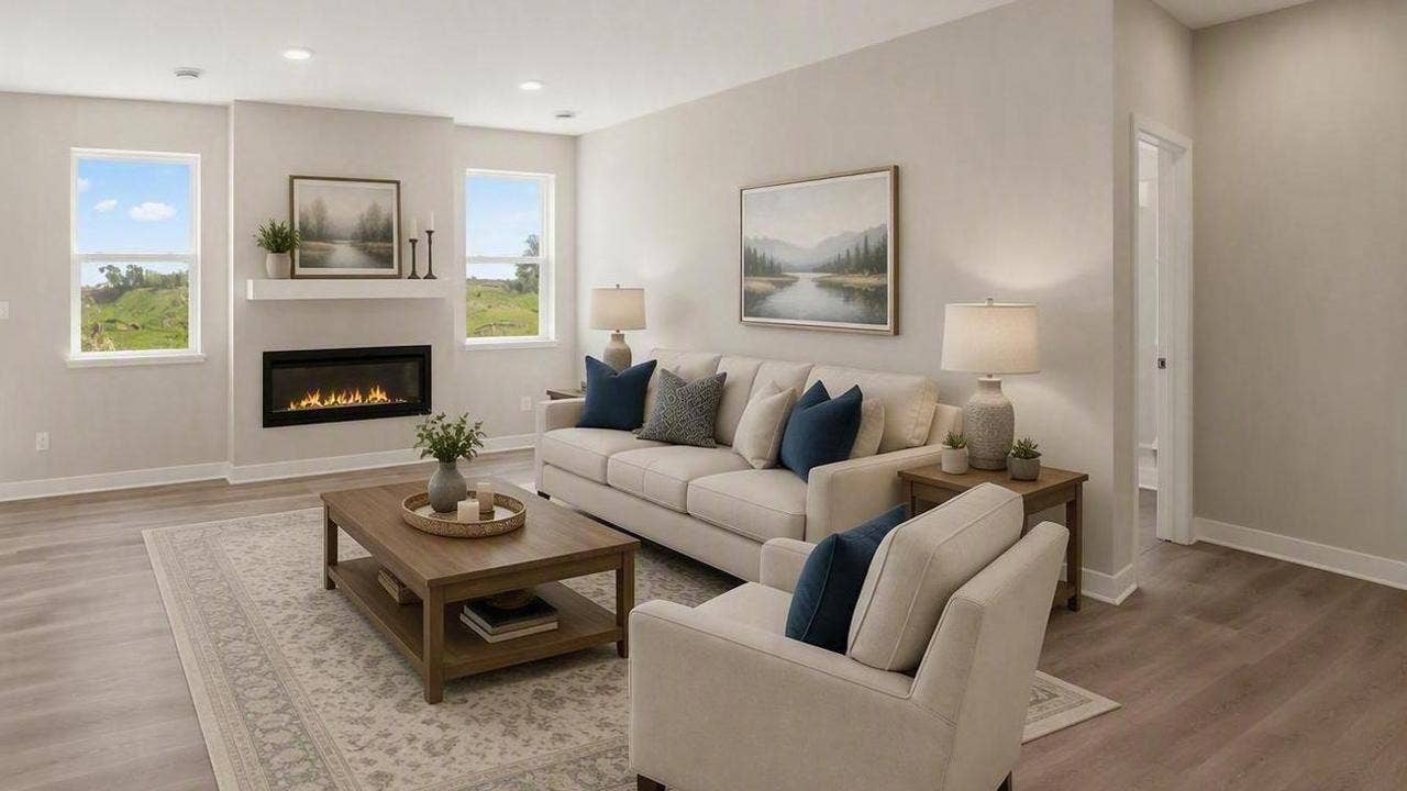 Large family room is filled with light from the large windows.