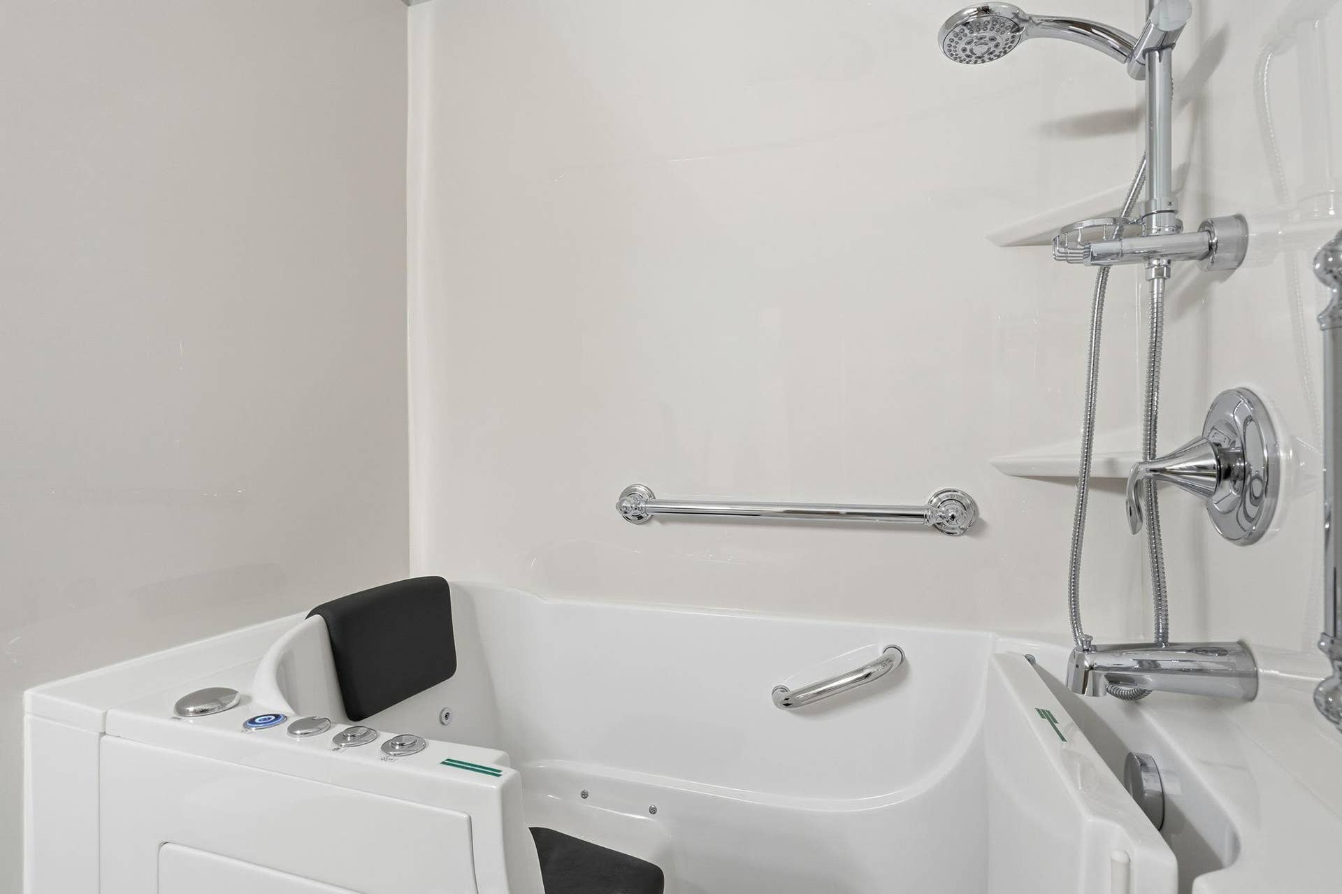 The luxury you deserve. Padded seating, jets, rain shower and handheld shower head.