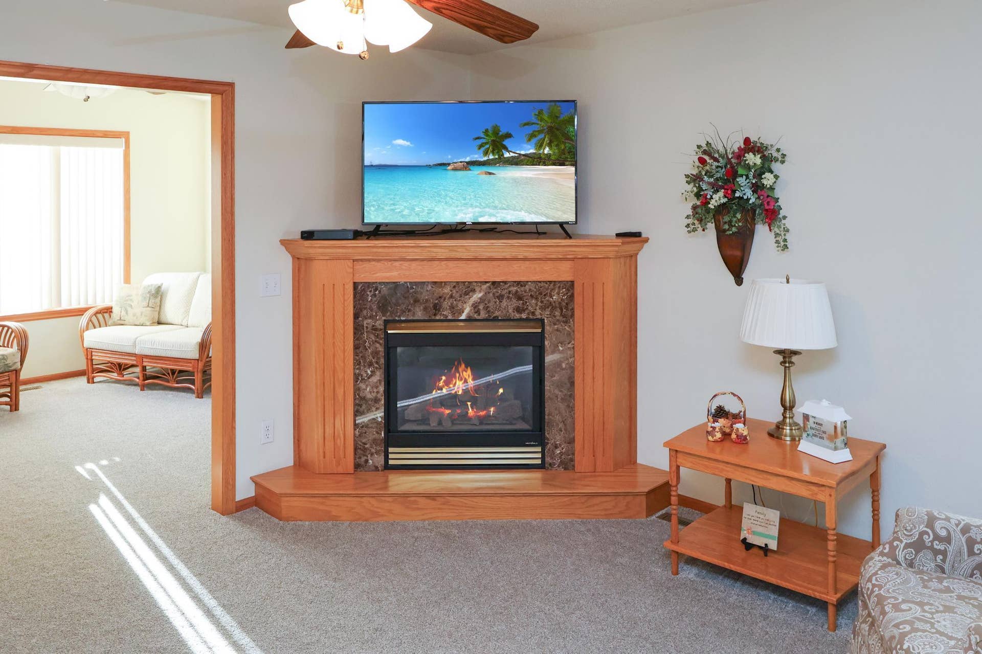 Warm up next to the gas fireplace in the living room.