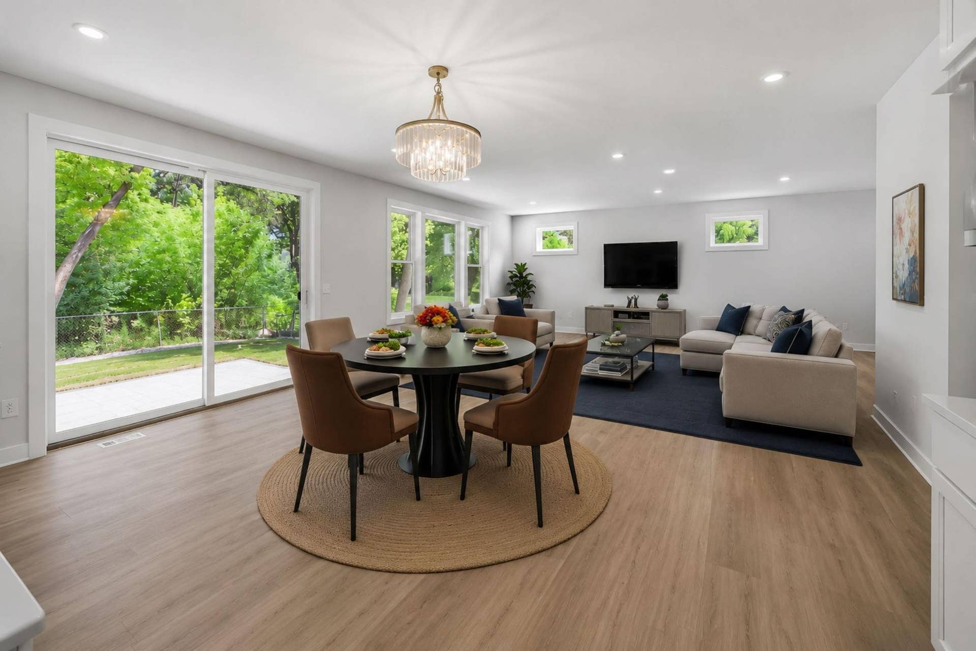2399 Laurie Court W, Roseville, MN 55113 The open-concept living room and informal dining area are bright and airy, featuring oversized windows and a sliding glass door that fills the space with natural light and provides seamless access to the expansive patio. Virtually Staged.