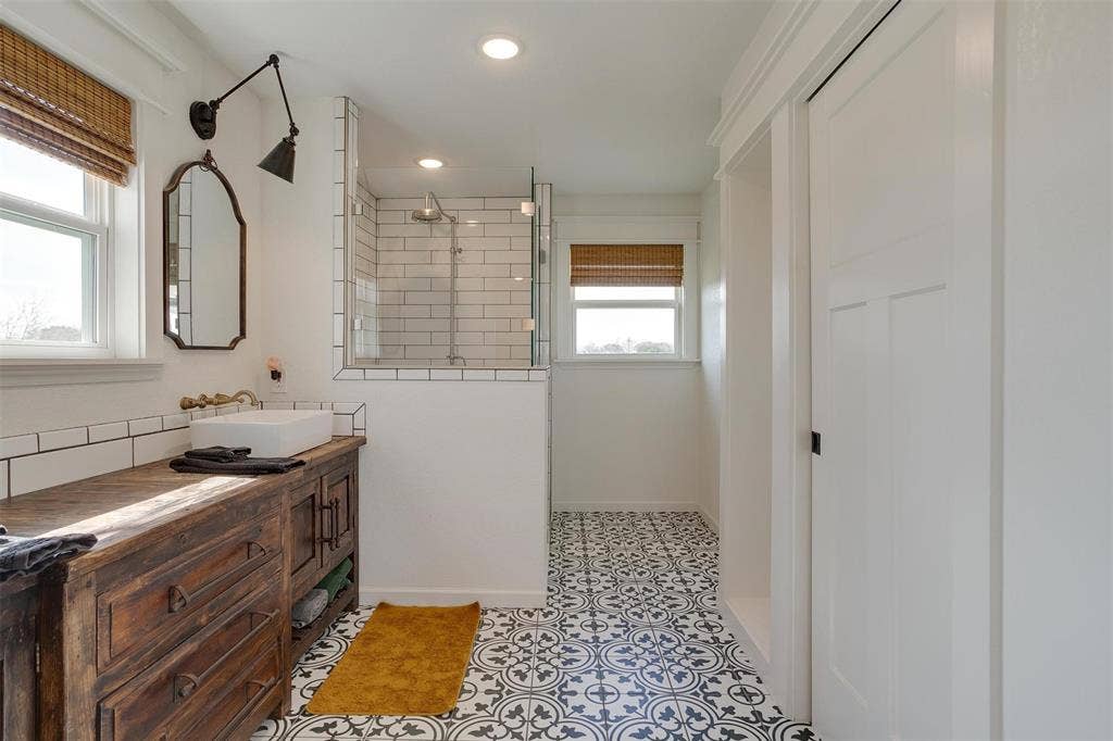 939 Twin Bends Road, Crawford, TX 76638 Bathroom featuring vanity, baseboards, recessed lighting, walk in shower, and tile patterned floors