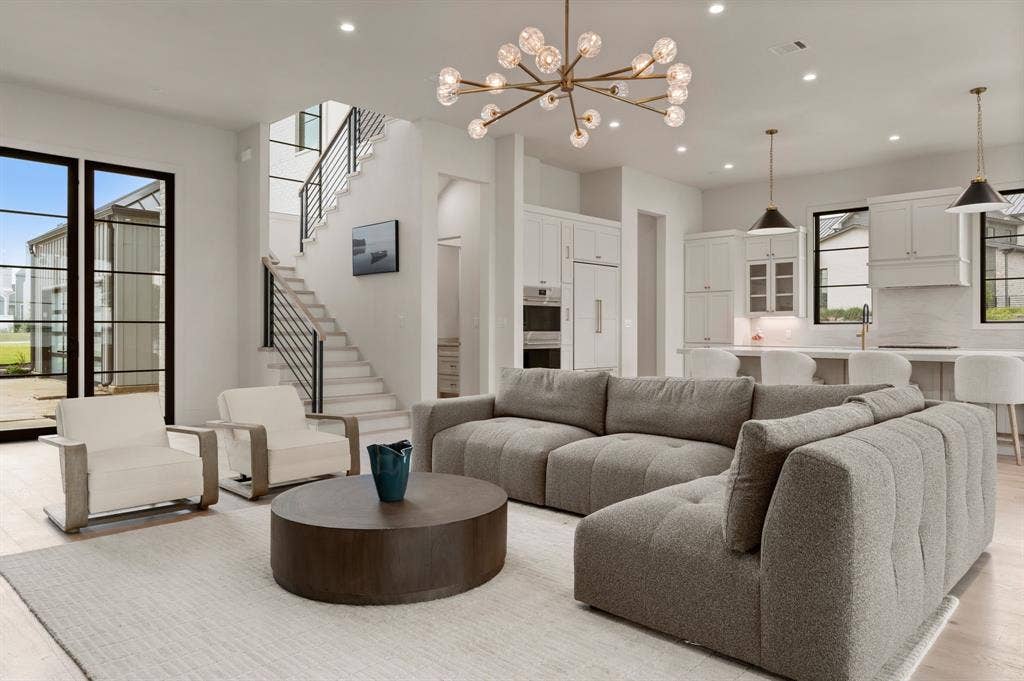 12121 Lighthouse Lane W, Malakoff, TX 75148 Living area featuring recessed lighting, stairs, a chandelier, and light wood-style flooring