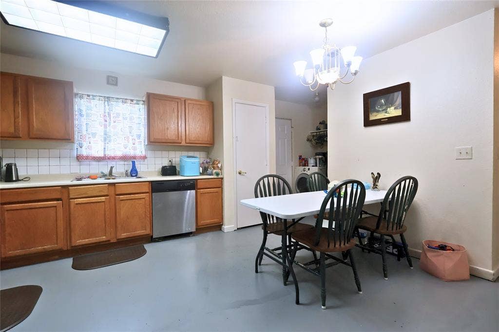 14186 Austin Street, Log Cabin, TX 75148 Kitchen with brown cabinets, decorative backsplash, concrete floors, light countertops, and dishwasher