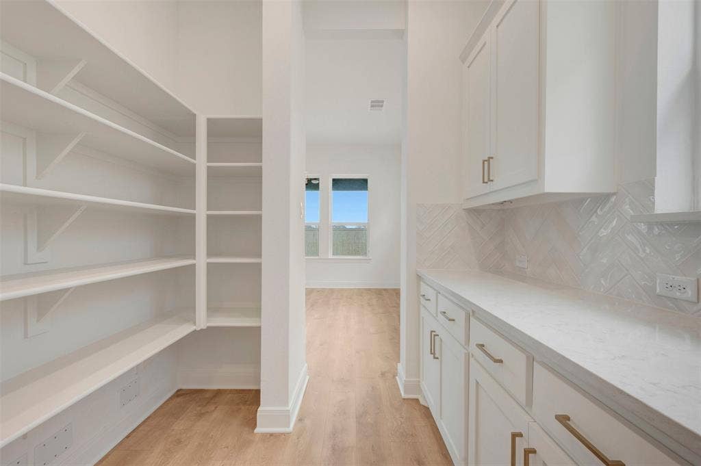Kitchen pantry featuring extensive built-in shelving, white shaker-style cabinetry with gold-tone hardware, white countertops, and a white herringbone tile backsplash