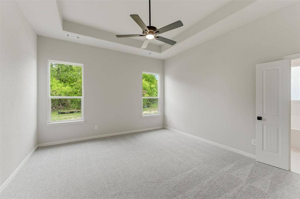 9007 County Road 623, Blue Ridge, TX 75424 Unfurnished room featuring light carpet, a tray ceiling, and ceiling fan
