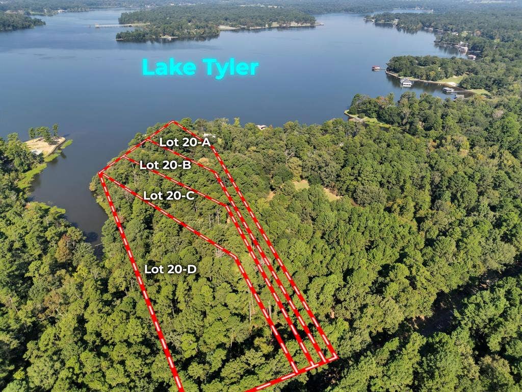 Lot 20-C Eastside Road, Tyler, TX 75707 Aerial view of property's location with a large body of water and property boundaries highlighted