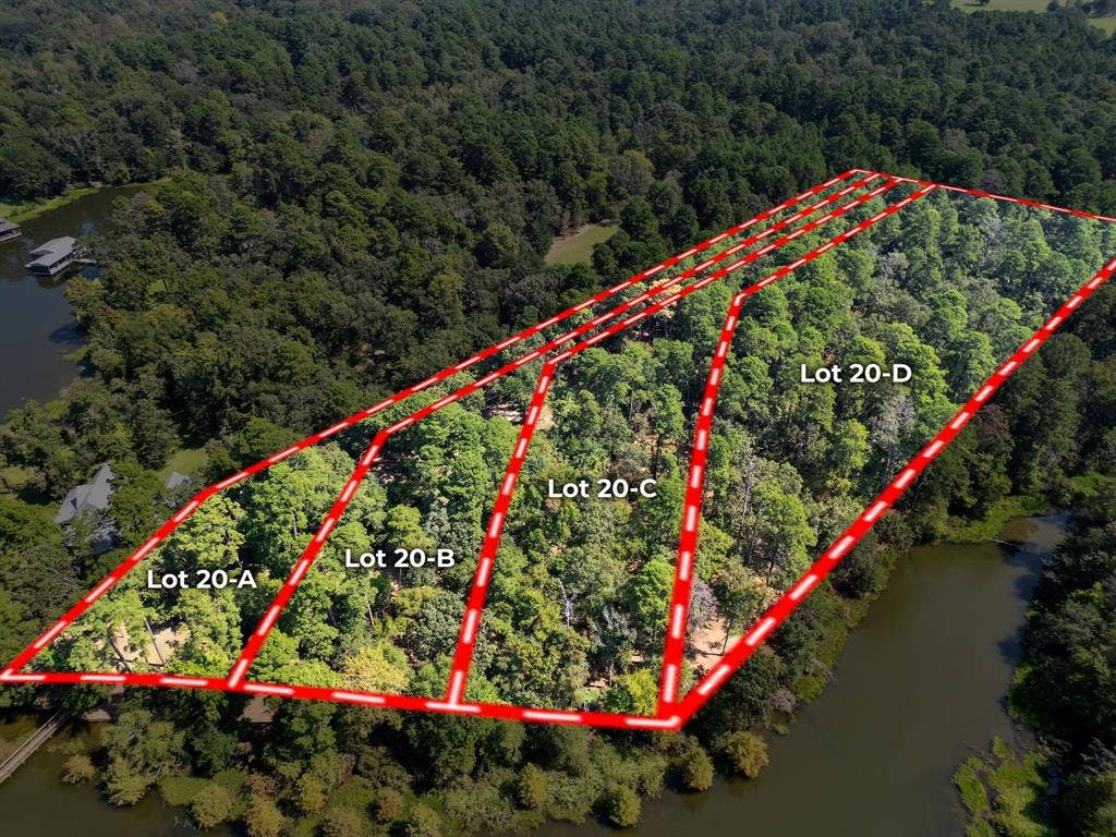 Lot 20-C Eastside Road, Tyler, TX 75707 Aerial overview of property's location featuring property boundaries highlighted and a nearby body of water