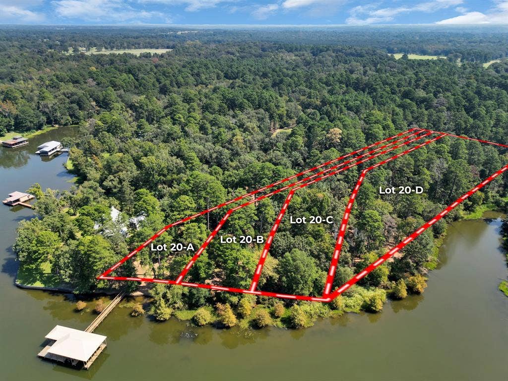 Lot 20-C Eastside Road, Tyler, TX 75707 Aerial overview of property's location with a nearby body of water and property parcel outlined