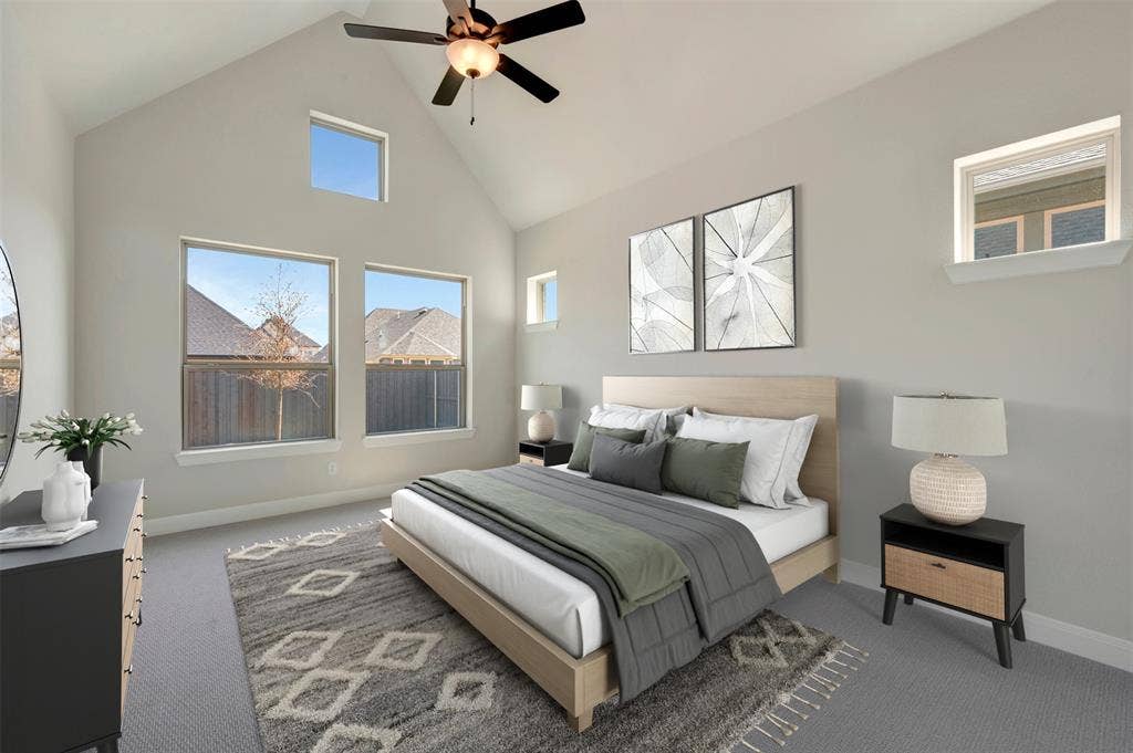 3752 Bermuda Grass Way, Grand Prairie, TX 76084 Carpeted bedroom featuring a high ceiling and ceiling fan