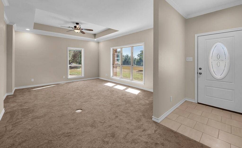556 Wildwood Trail, Lorena, TX 76655 Entrance foyer featuring crown molding, a raised ceiling, light carpet, light tile patterned floors, and ceiling fan